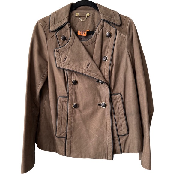 Tory Burch Quiet Luxury Chocolate Brown Leather Moto Jacket Womens Small Peacoat - Picture 3 of 8